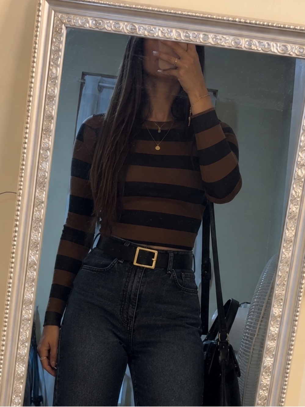 Zara Brown and Black Striped Crewneck Sweater